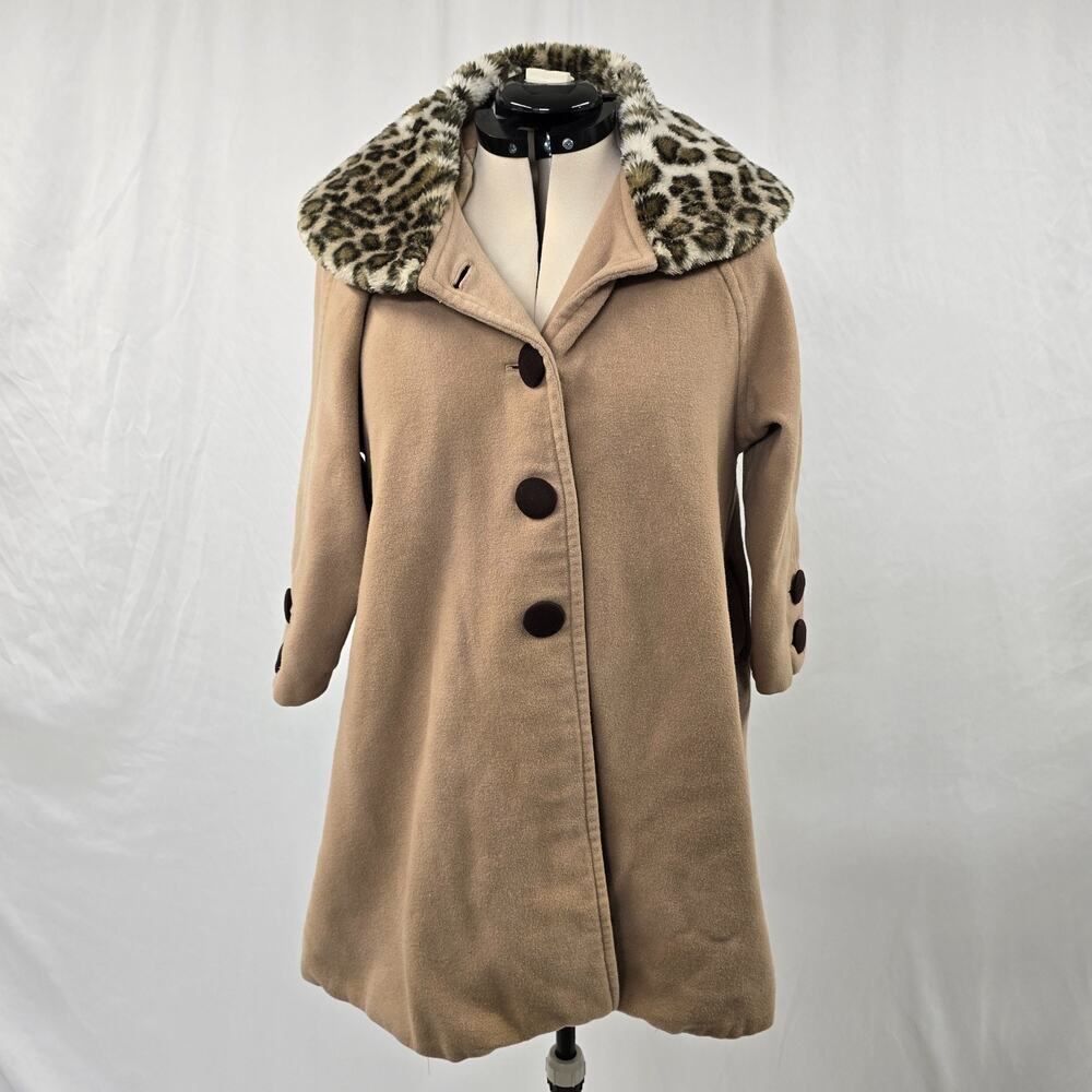 Vintage Draplane Italia N.C.F. Swing Coat Women's XL Tan Wool Leopard Collar